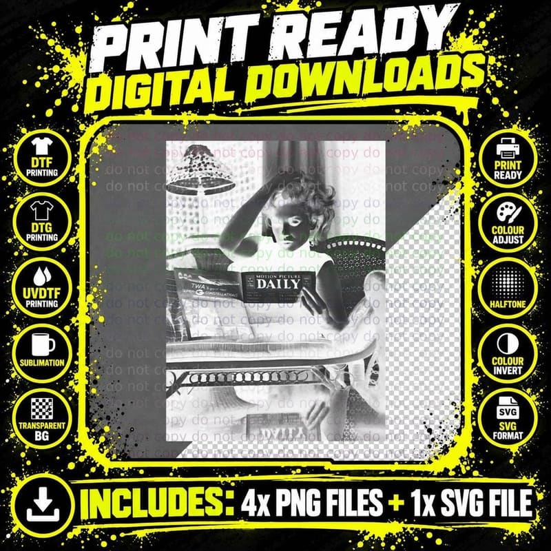 Marilyn Monroe Reading Newspaper, Retro Black and White Png SVG Digital Bundle