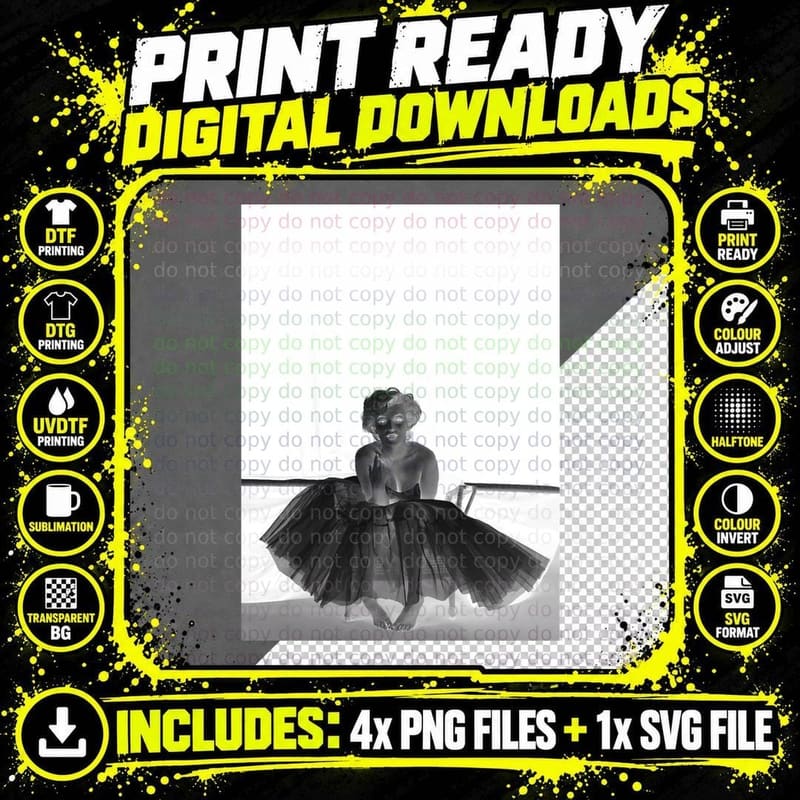 Marilyn Monroe in White Dress, Black and White Vintage Png SVG Digital Bundle