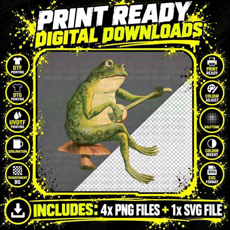 Melancholic Vintage Frog Banjo Player on Mushroom Png SVG Digital Bundle