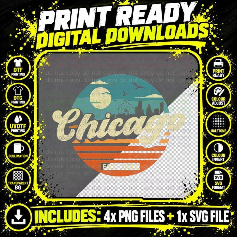 Mens Chicago Illinois Retro Shirt Skyline Night IL Png SVG Digital Bundle
