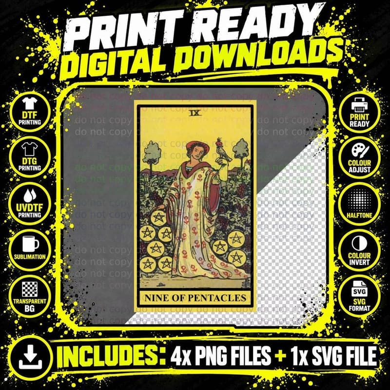 NINE OF Pentacles Tarot Classic T-Shirt Png SVG Digital Bundle