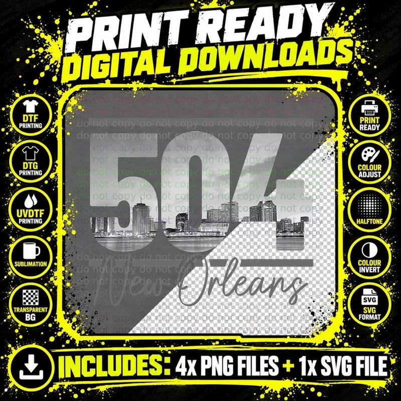 New Orleans 504 Area Code Skyline Louisiana Vintage Png SVG Digital Bundle
