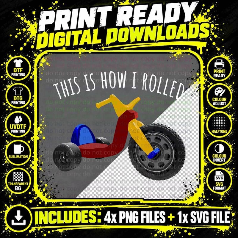 Nostalgic Love 70s 80s Vintage Retro Toys Big Tricycle Png SVG Digital Bundle