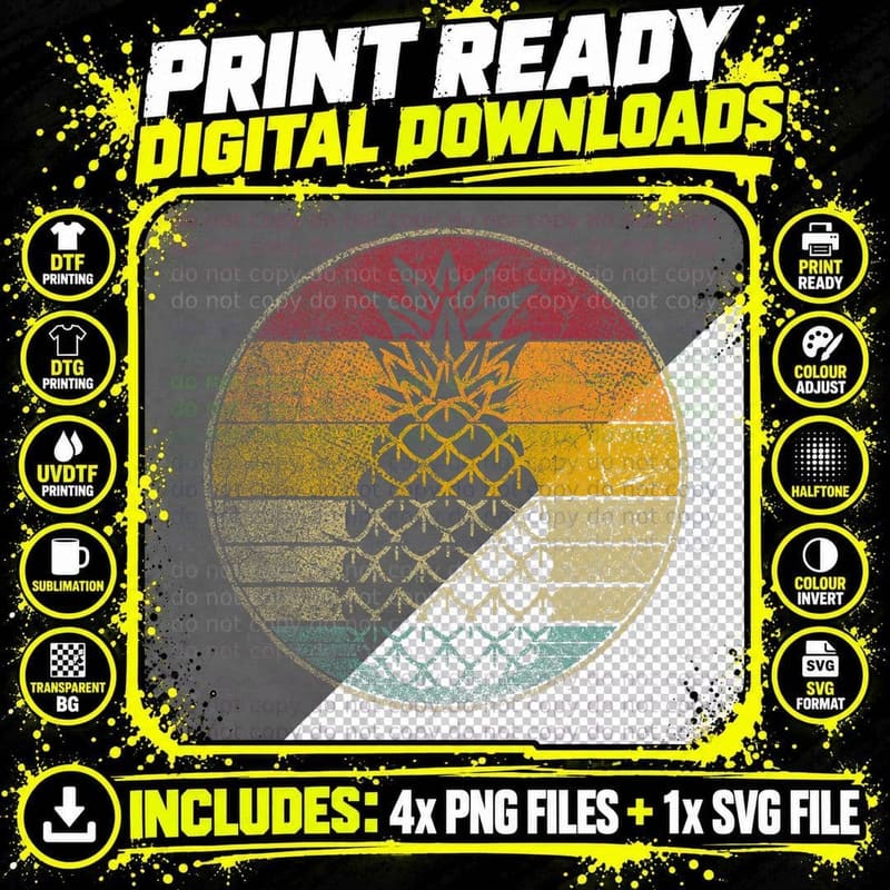 Pineapple Fruit Retro Style Vintage 70s 80s 90s Gift Png SVG Digital Bundle