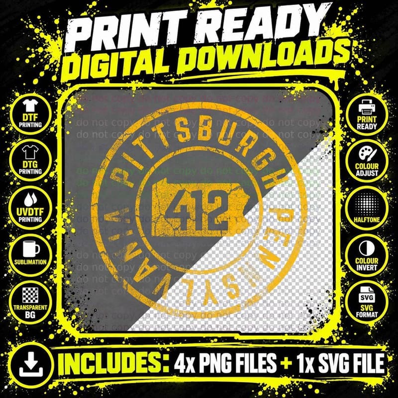 Pittsburgh Pennsylvania 412 Map Steel City Home Vintage Png SVG Digital Bundle