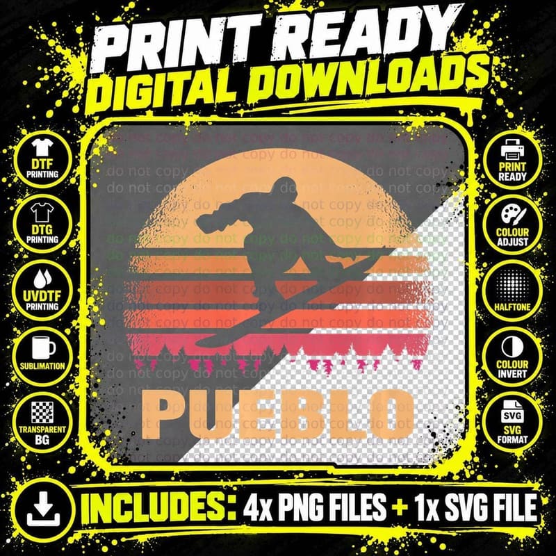 Pueblo Colorado Snowboarding Outdoor Vintage CO 80s Png SVG Digital Bundle