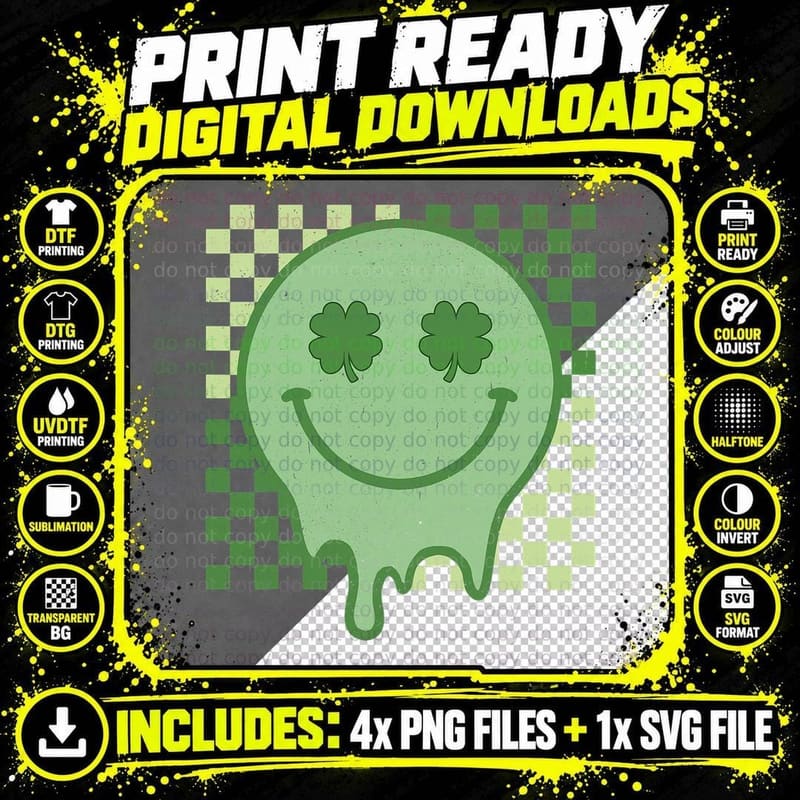 Retro Groovy Shamrock Smile Face St Patricks Day Hippie Png SVG Digital Bundle