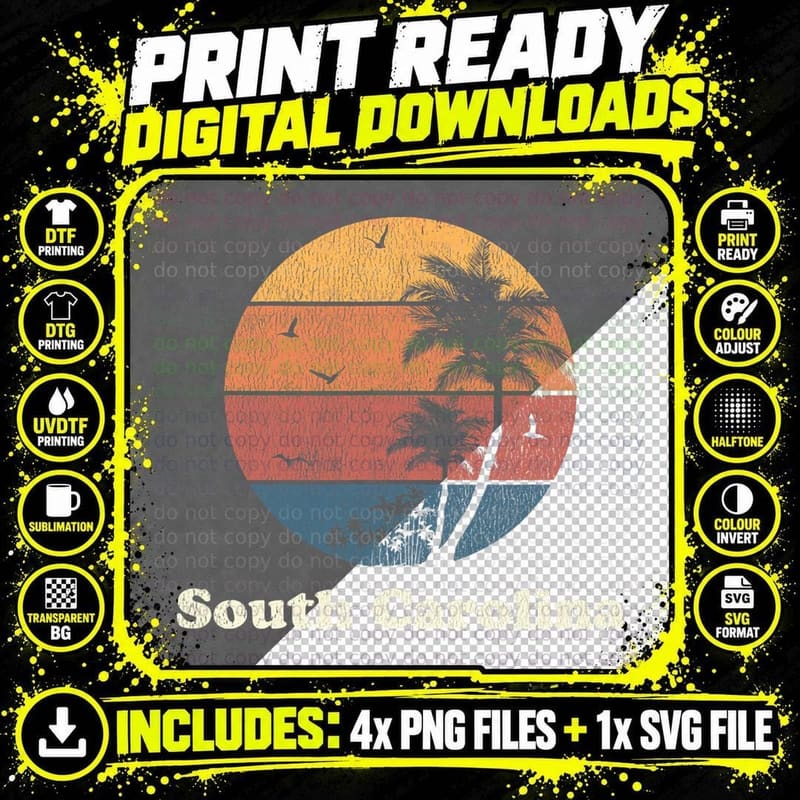 Retro South Carolina T Shirt Vintage Sunset & Palm Trees Png SVG Digital Bundle