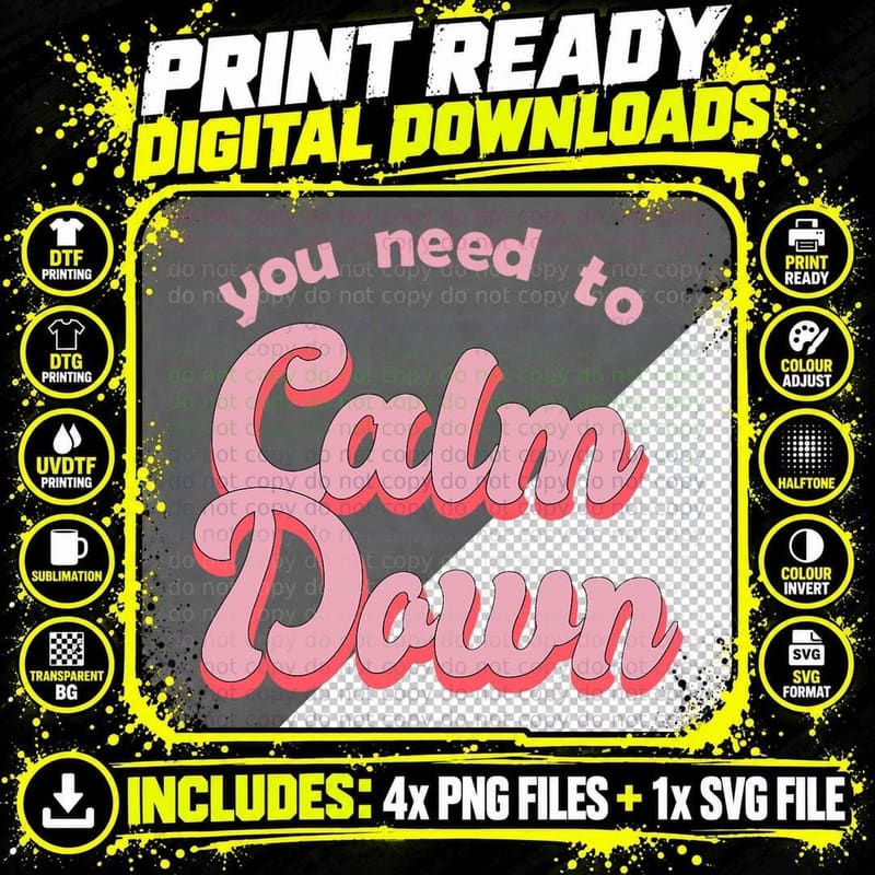 Retro Style Calm Down T-Shirt Classic Fit, Round Neck Png SVG Digital Bundle
