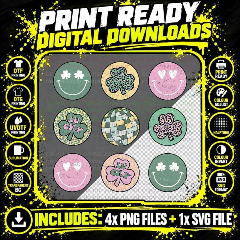 Shamrock Smile Face Disco Retro Groovy St Patricks Day Png SVG Digital Bundle