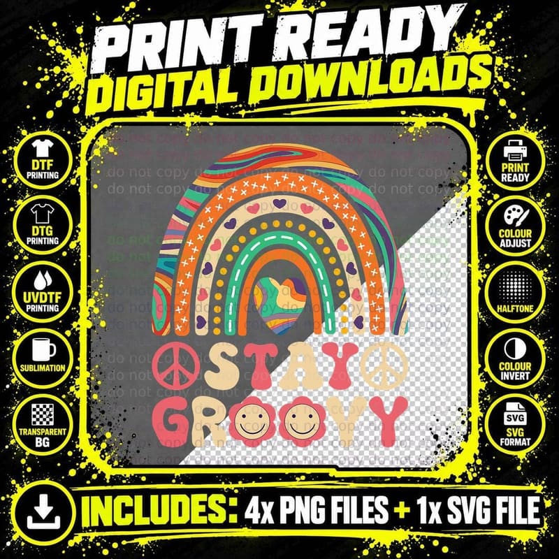 Stay Groovy 60s Outfit 70s Theme Costume Cute Rainbow Png SVG Digital Bundle