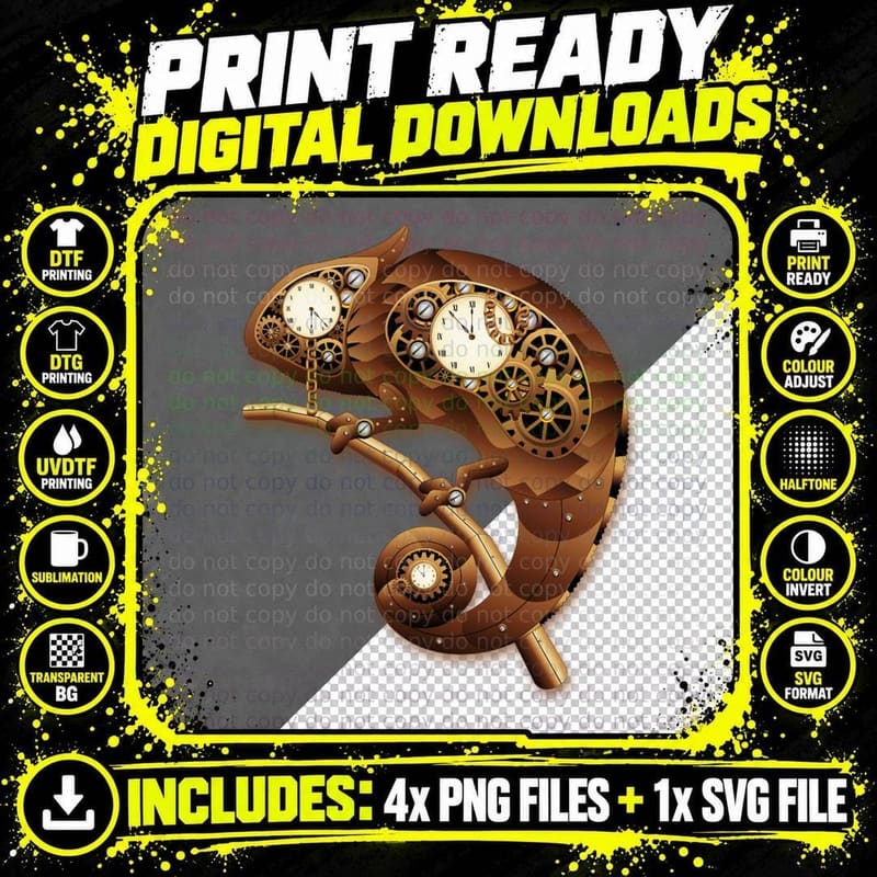 Steampunk Chameleon Vintage Retro Style Machine T-Shirt Png SVG Digital Bundle