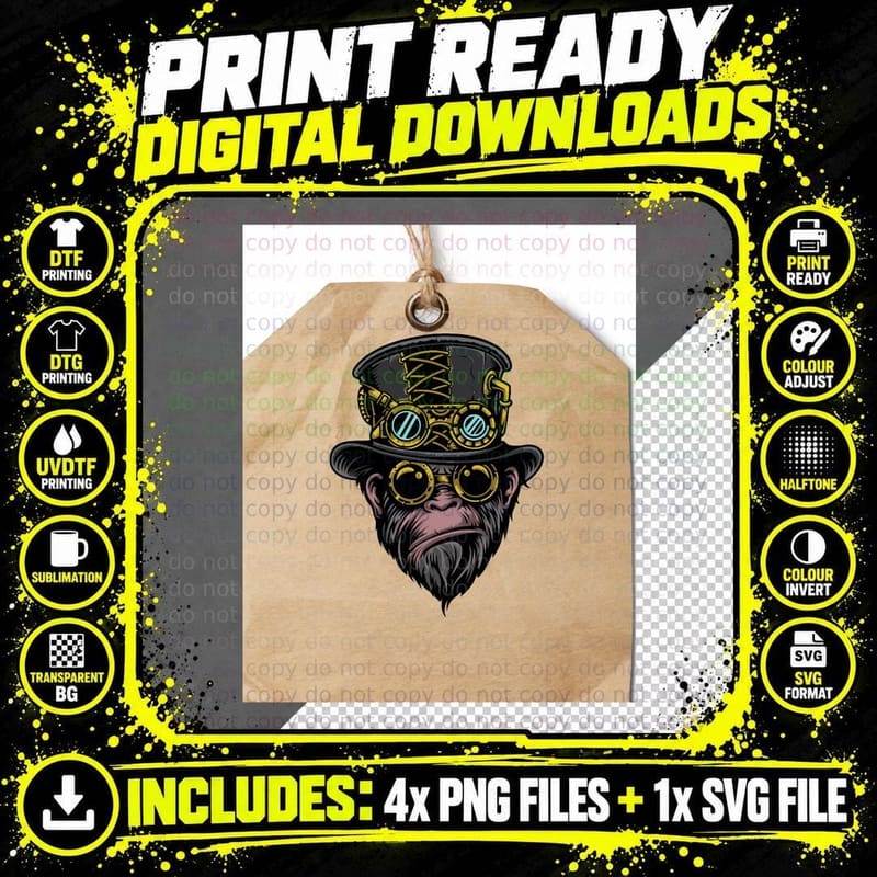 Steampunk Gorilla T-Shirt, Vintage Cyberpunk Aesthetic Png SVG Digital Bundle