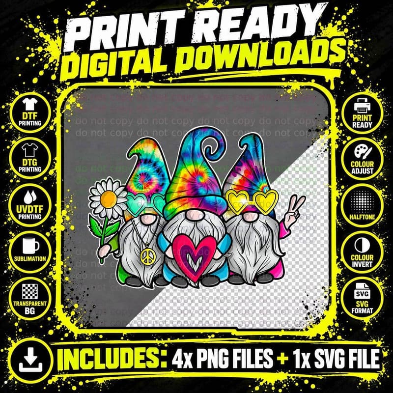 THREE Hippie Gnomes Groovy Retro Tie Dye Peace Love Png SVG Digital Bundle