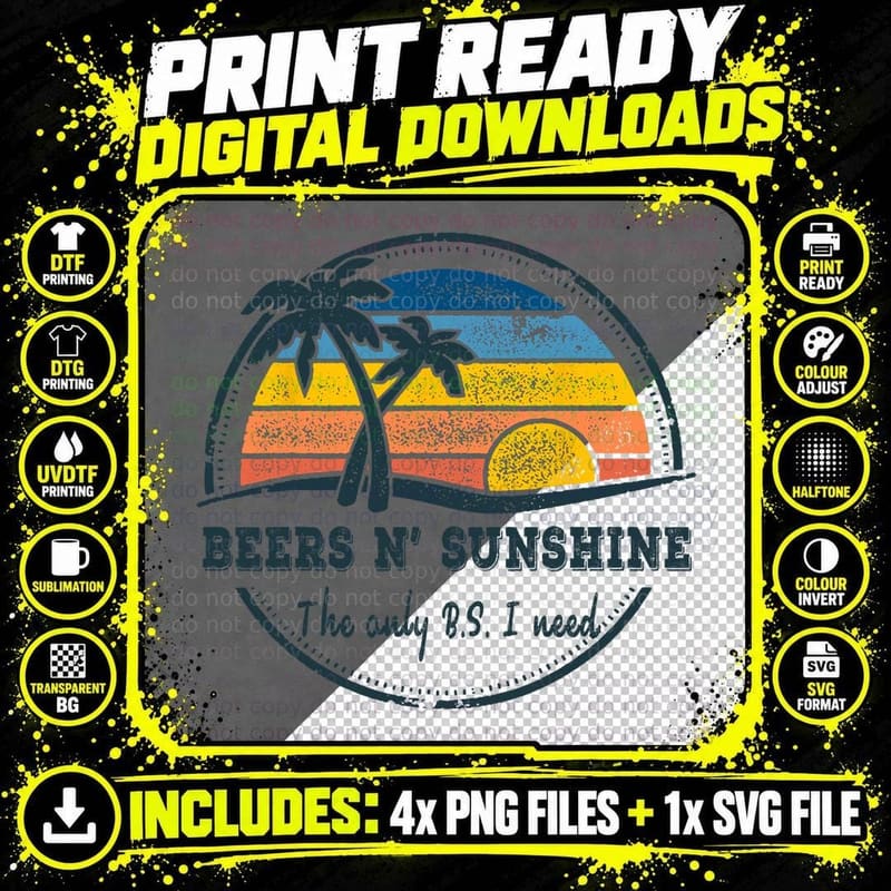 The Only BS I Need Is Beers and Sunshine Retro Sunset Png SVG Digital Bundle