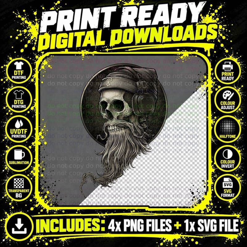 Viking Vintage Skull Beard with Headphone Classic T-Shirt Png SVG Digital Bundle