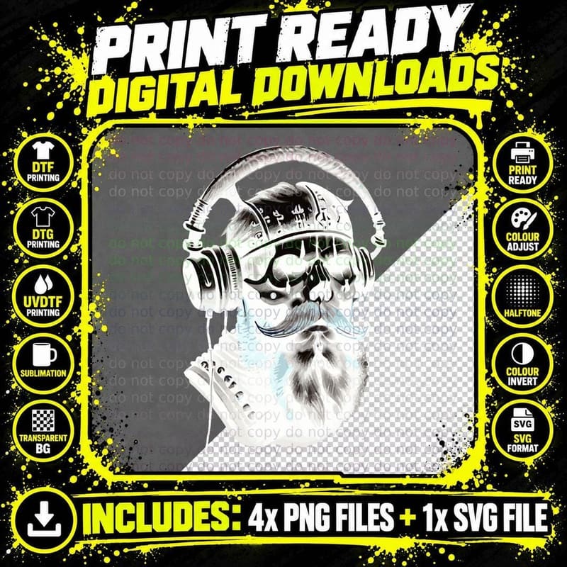 Viking Vintage Skull Beard with Headphone T-Shirt Png SVG Digital Bundle