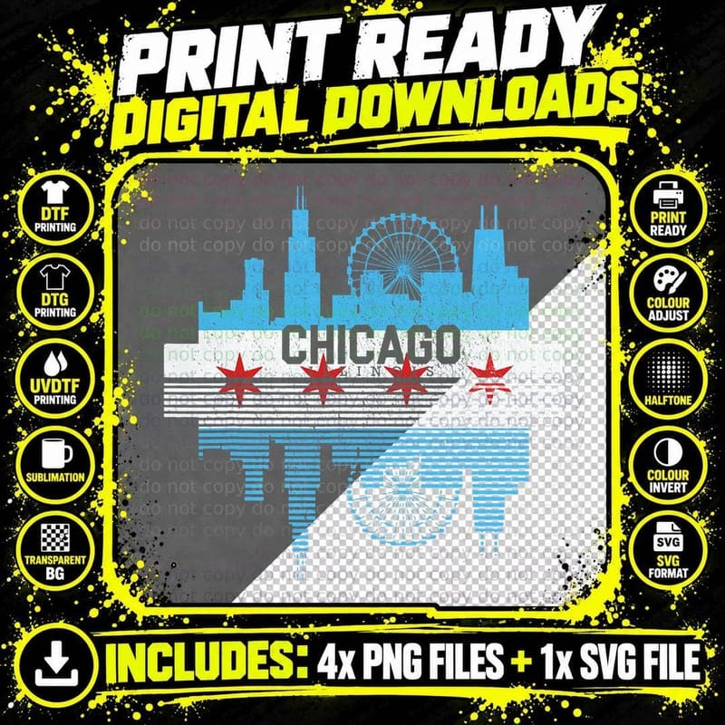 Vintage Chicago Illinois Flag Tees Skyline Shirt Men Png SVG Digital Bundle