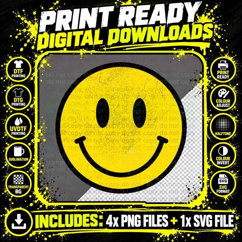 Vintage Retro Happy Smiley Face 80s 90s Aesthetic Png SVG Digital Bundle