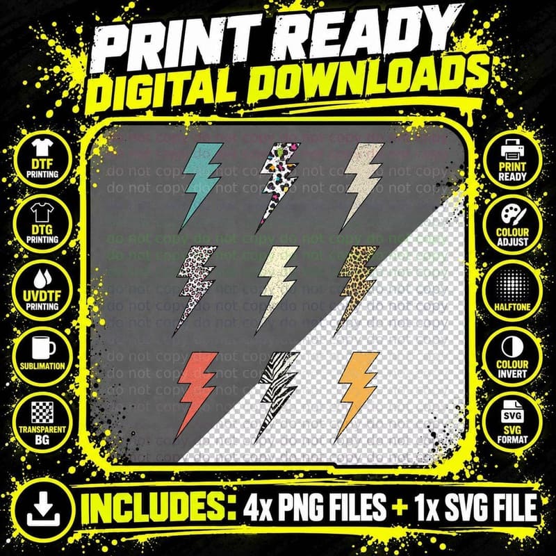 Vintage Thunder Leopard Zebra Animal Print Lightning Png SVG Digital Bundle