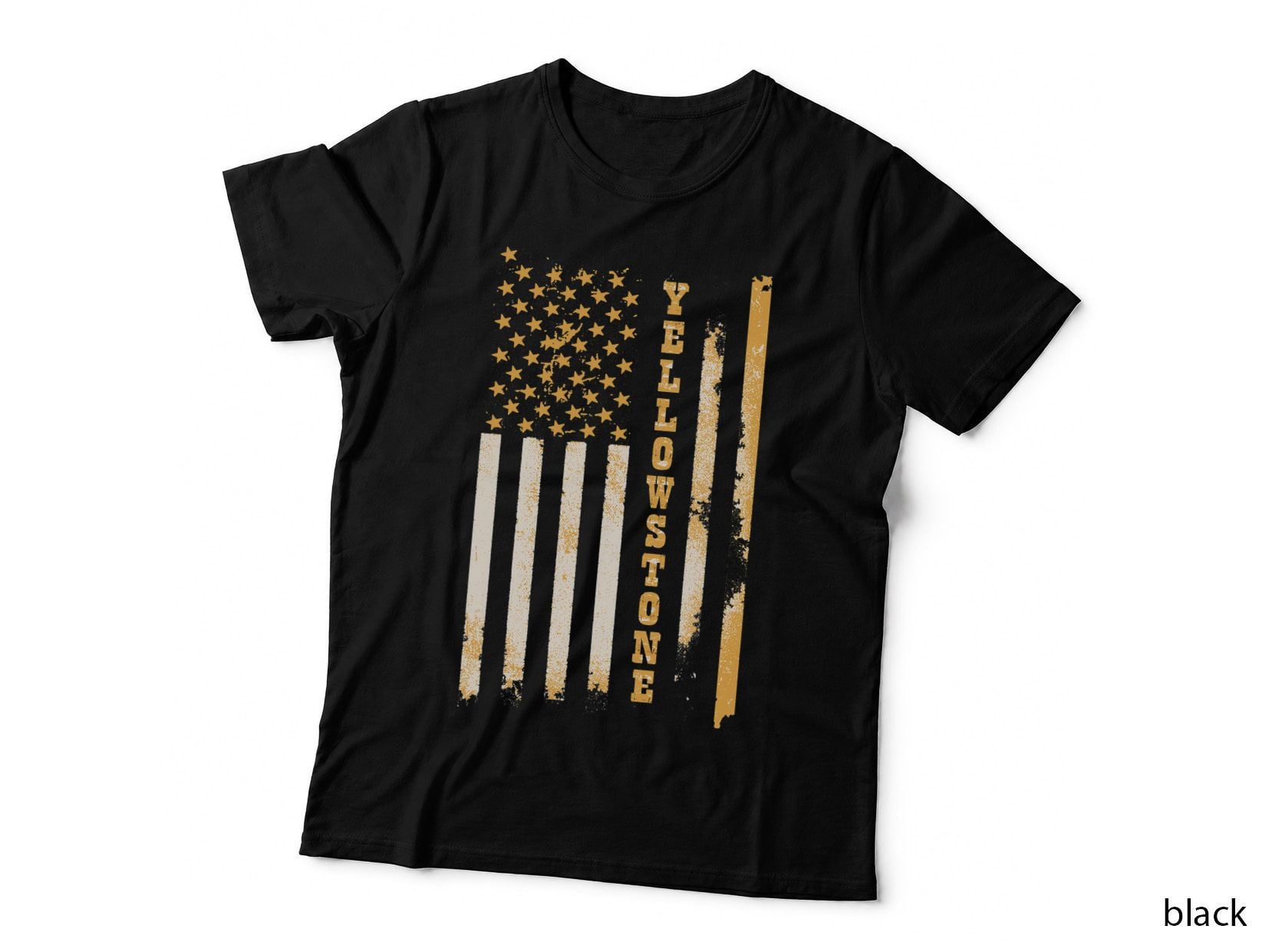 Yellow Stone Classic Fit Black T-Shirt with Flag Design & Crew Neck