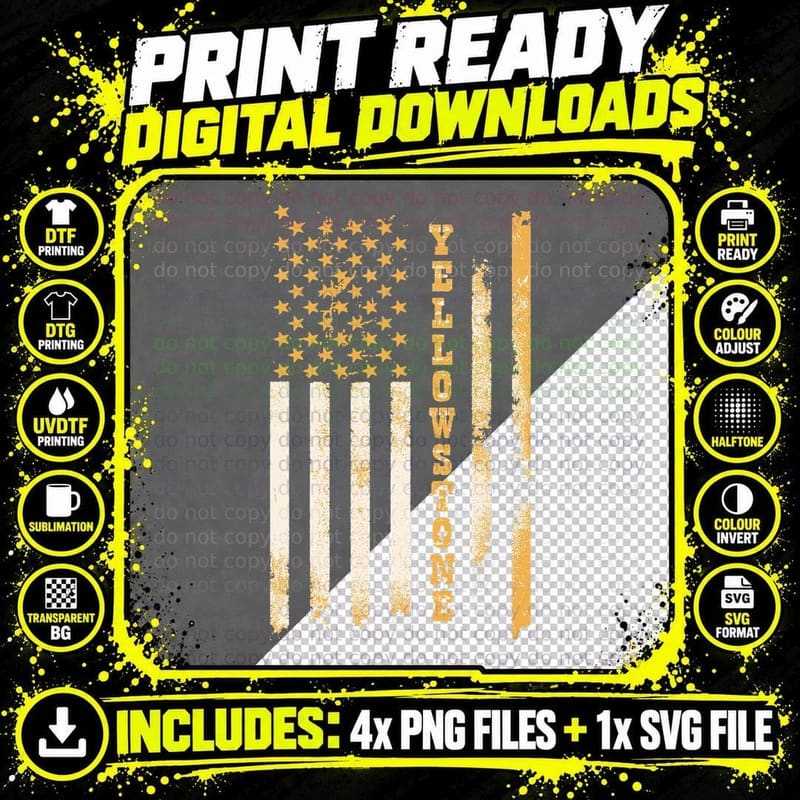 Yellow Stone Classic Fit Black T-Shirt with Flag Design Png SVG Digital Bundle
