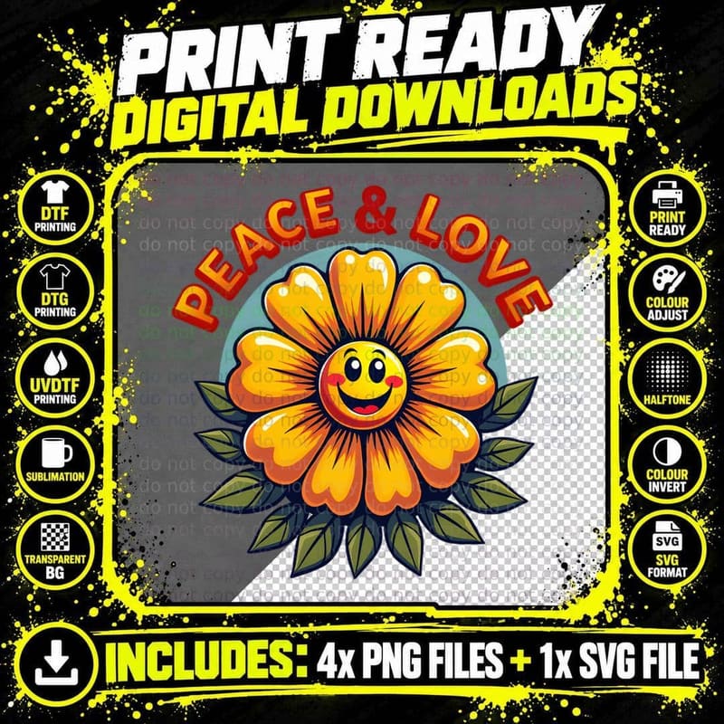 70s Groovy Flower Power Peace and Love Retro Aesthetic Png SVG Digital Bundle