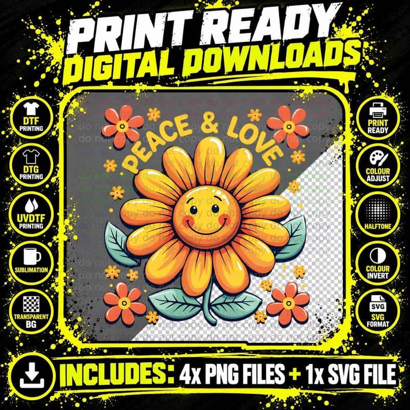 70s Groovy Hippie Flower Power Peace and Love Retro Png SVG Digital Bundle