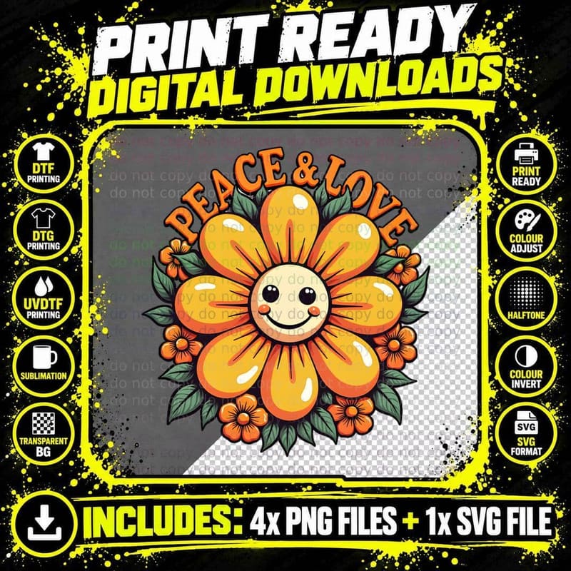 70s Groovy Retro Aesthetic Peace and Love Flower Power Png SVG Digital Bundle