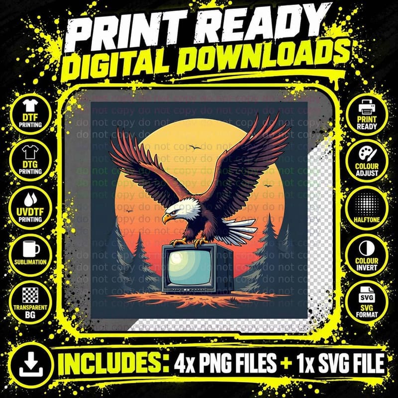 80s Vector Art Eagle with Remote T-Shirt Png SVG Digital Bundle