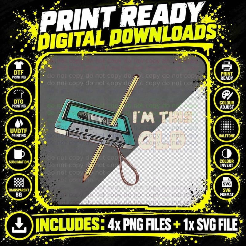 90s Cassette Tape Pencil Rewind I'm This Old Vintage Png SVG Digital Bundle