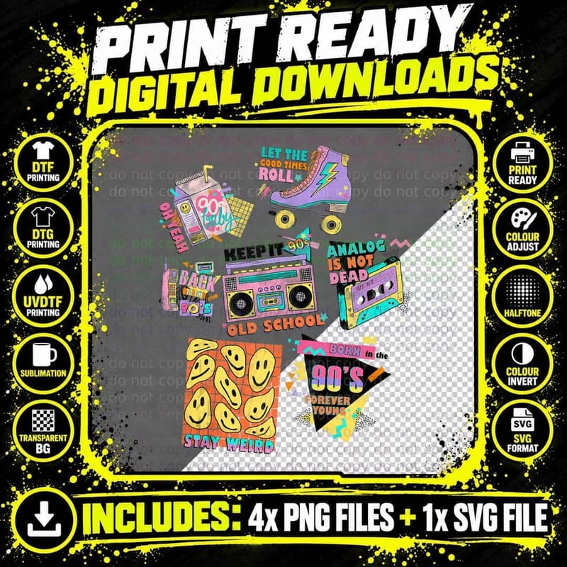 90s Nostalgia Collage, Retro Disco Roller Skates Png SVG Digital Bundle