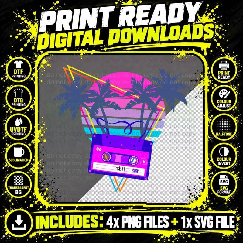 90s Vaporwave Sunset Cassette Tape in Outrun Synthwave Png SVG Digital Bundle