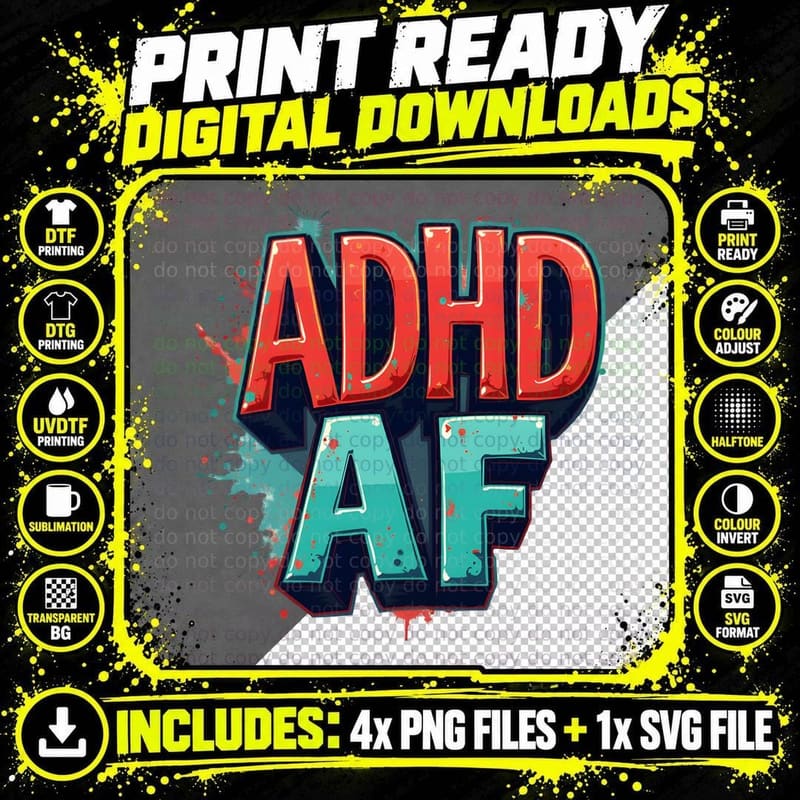 ADHD AF Distressed 3D Metallic Gradient T-Shirt Png SVG Digital Bundle