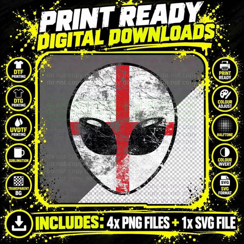 Alien Face Vintage Retro England Flag T-Shirt Png SVG Digital Bundle
