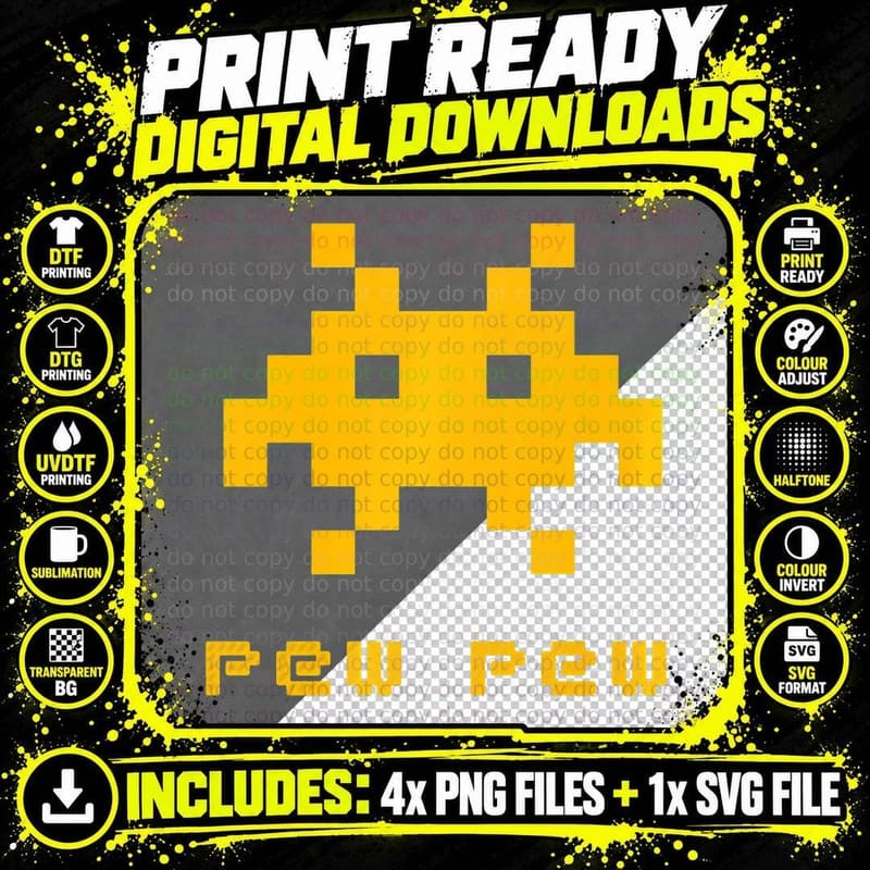 Alien Invaders Pew Space 8-Bit Retro Video Game Gift Png SVG Digital Bundle