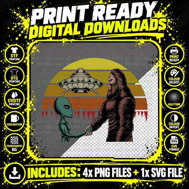Alien and Bigfoot Meetup Retro UFO Alien & Bigfoot Png SVG Digital Bundle