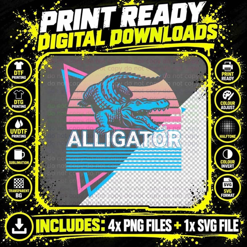 Alligator Crocodile Gator Retro T-Shirt Png SVG Digital Bundle