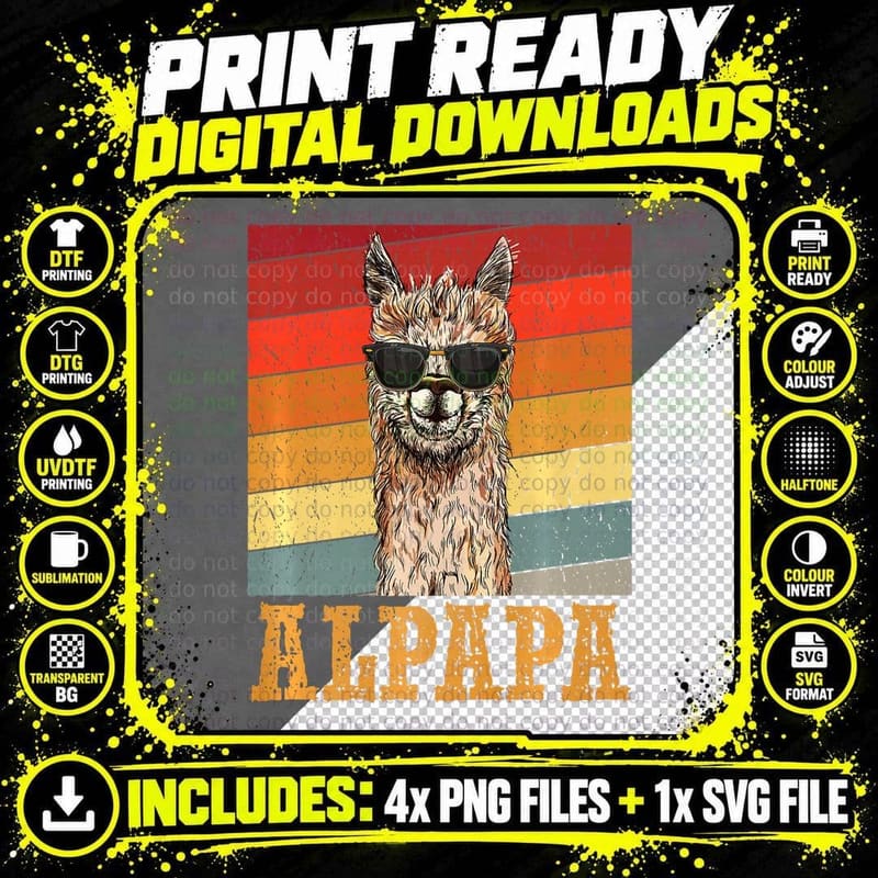 Alpapa Animals Lover Alpaca Retro Llama Cute Father's Png SVG Digital Bundle