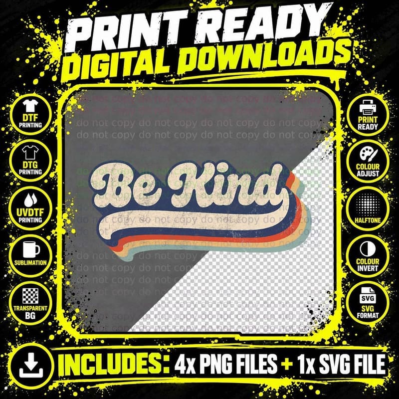 Be Kind Women Positive Inspirational Kindness Retro Png SVG Digital Bundle