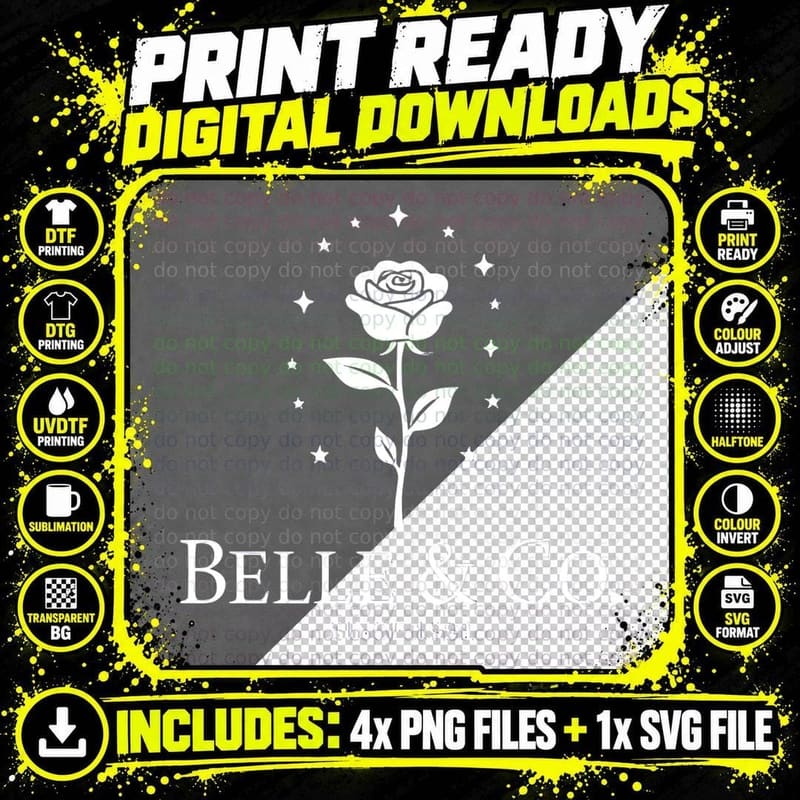 Belle & Co Rose Stars Logo Since 1991 Subtle Vintage Png SVG Digital Bundle