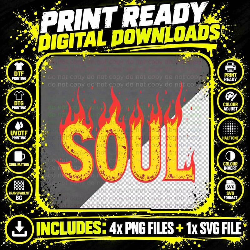 Bold Yellow SOUL Text Distressed Texture Red Outline Png SVG Digital Bundle