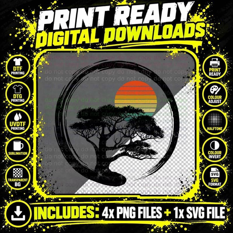 Bonsai Tree Japanese Sun Retro Gift Buddhist T-Shirt Png SVG Digital Bundle