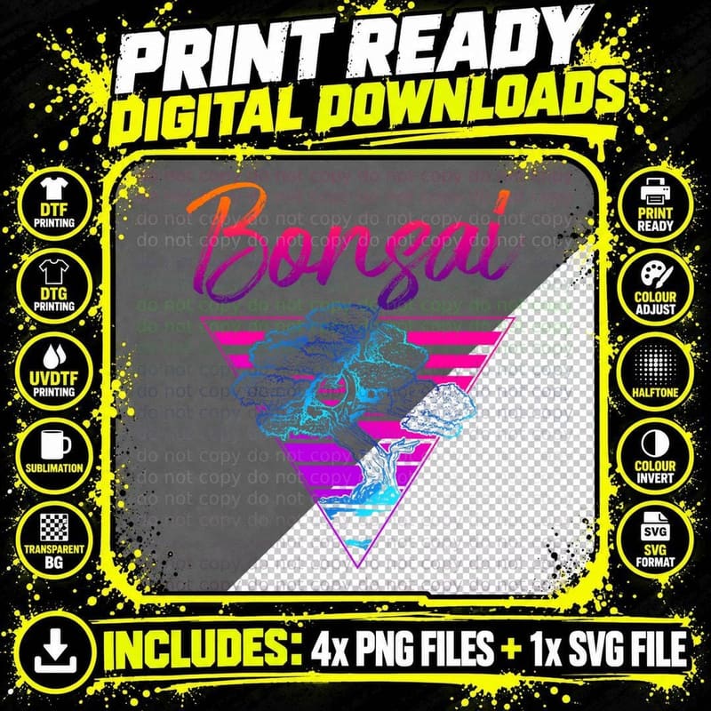 Bonsai Tree Retro 80s 90s Bonsai T-Shirt Png SVG Digital Bundle