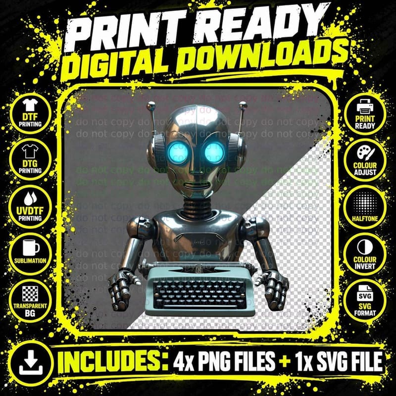Bored Robot with a Vintage Typewriter T-Shirt Png SVG Digital Bundle