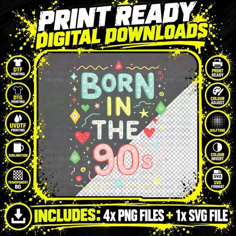 Born in the 90s, Baby Nostalgia, Retro Colorful 90s Png SVG Digital Bundle