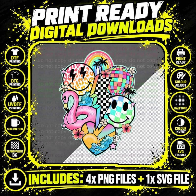 Checkered Lightning Groovy Disco Smile Face Summer Png SVG Digital Bundle