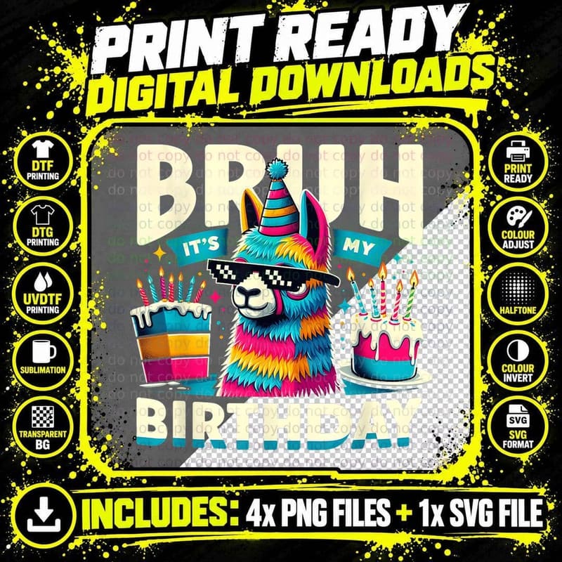 Cool Bruh It's My Birthday Llama Pinata Party Retro 80s Png SVG Digital Bundle