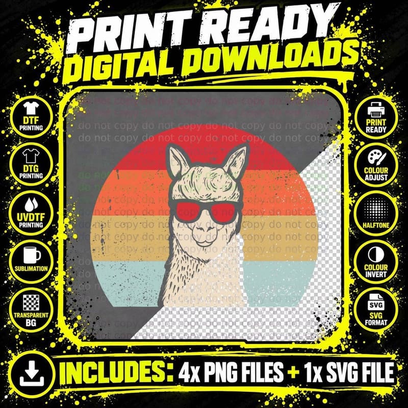 Cool Llama Design for Men Women Vintage Llama Alpaca Png SVG Digital Bundle