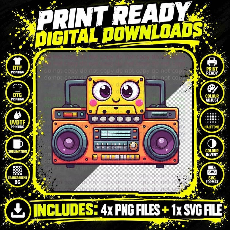 Cute Boombox Cartoon Retro Music Graphic T-Shirt Png SVG Digital Bundle